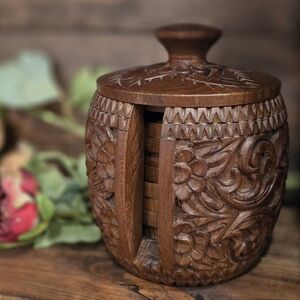 Carved Wooden Barrel Shaped Coaster Set Boho Vibes